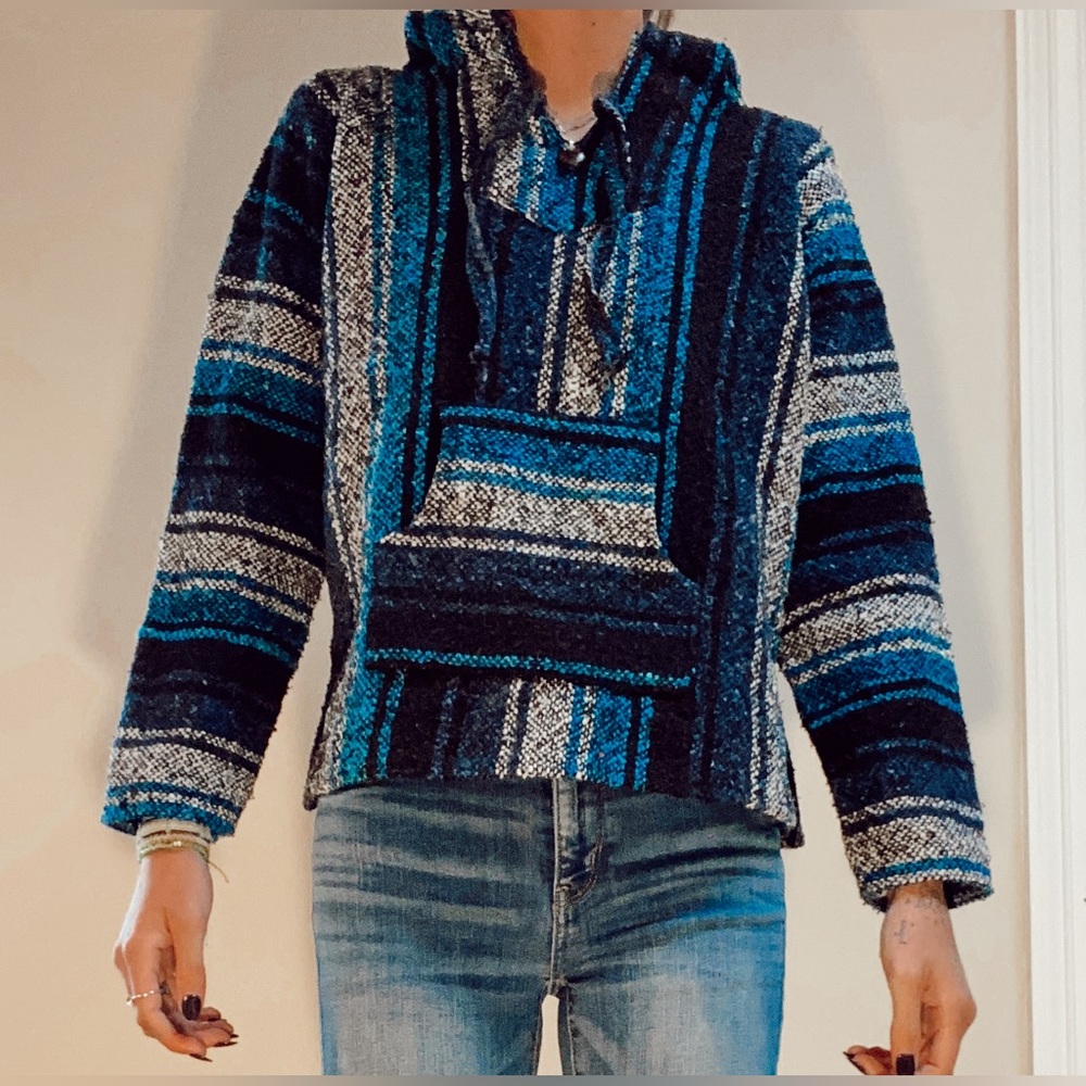 Blue and Black “drug rug” hoodie, medium